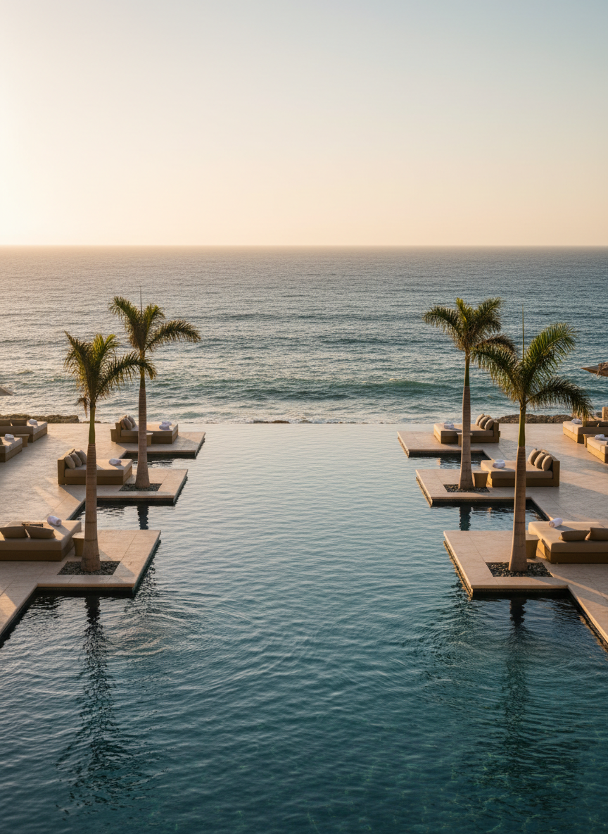 An expansive oceanfront infinity pool at a luxury Vidanta resort in Mexico, the crystalline water seamlessly blending into the deep turquoise sea beyond. Sleek stone decking in soft sand tones surrounds the pool, accented by sculptural palm trees and plush, unoccupied daybeds with rolled white towels. Soft golden hour sunlight casts warm highlights on the water’s surface and gentle shadows along the deck, creating a serene, upscale atmosphere. Photographed from a slightly elevated angle in photographic realism, with sharp focus in the foreground and a subtly softened horizon, the composition feels sophisticated, calm, and inviting, perfect for a high-end vacation rental homepage hero image.