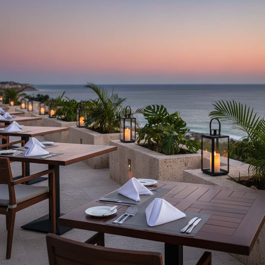A beautifully styled resort dining terrace overlooking the sea, with neatly set dark-wood tables featuring white porcelain plates, polished cutlery, and simple linen napkins folded with geometric precision. Elegant lanterns with soft candle-like lighting line the terrace edge, while beyond, the ocean glows with the last hues of sunset in coral and indigo. The stone flooring and minimalist planter boxes with tropical greenery reinforce a contemporary, upscale Mexican aesthetic. Photographed at eye level in photographic realism, using the rule of thirds to balance the nearest table in crisp focus against the softly blurred coastline, the mood is romantic, sophisticated, and serene, ideal for showcasing elevated on-site dining experiences included in luxury vacation packages.