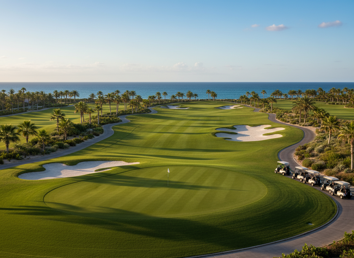 A panoramic view of a championship-level golf course at a Mexican coastal resort, with a perfectly manicured green in the foreground, smooth fairways curving around sculpted sand bunkers, and the shimmering ocean visible just beyond palm-fringed edges. A cluster of glossy golf carts and precisely arranged clubs near the path subtly suggest tournament readiness without featuring people. Warm, clear afternoon sunlight enhances the rich greens and deep blues, casting crisp, elegant shadows. Shot from an elevated perspective with photographic realism and sharp focus throughout, the composition is balanced and dynamic, conveying exclusivity and the allure of curated golf tournament packages paired with luxury resort stays.