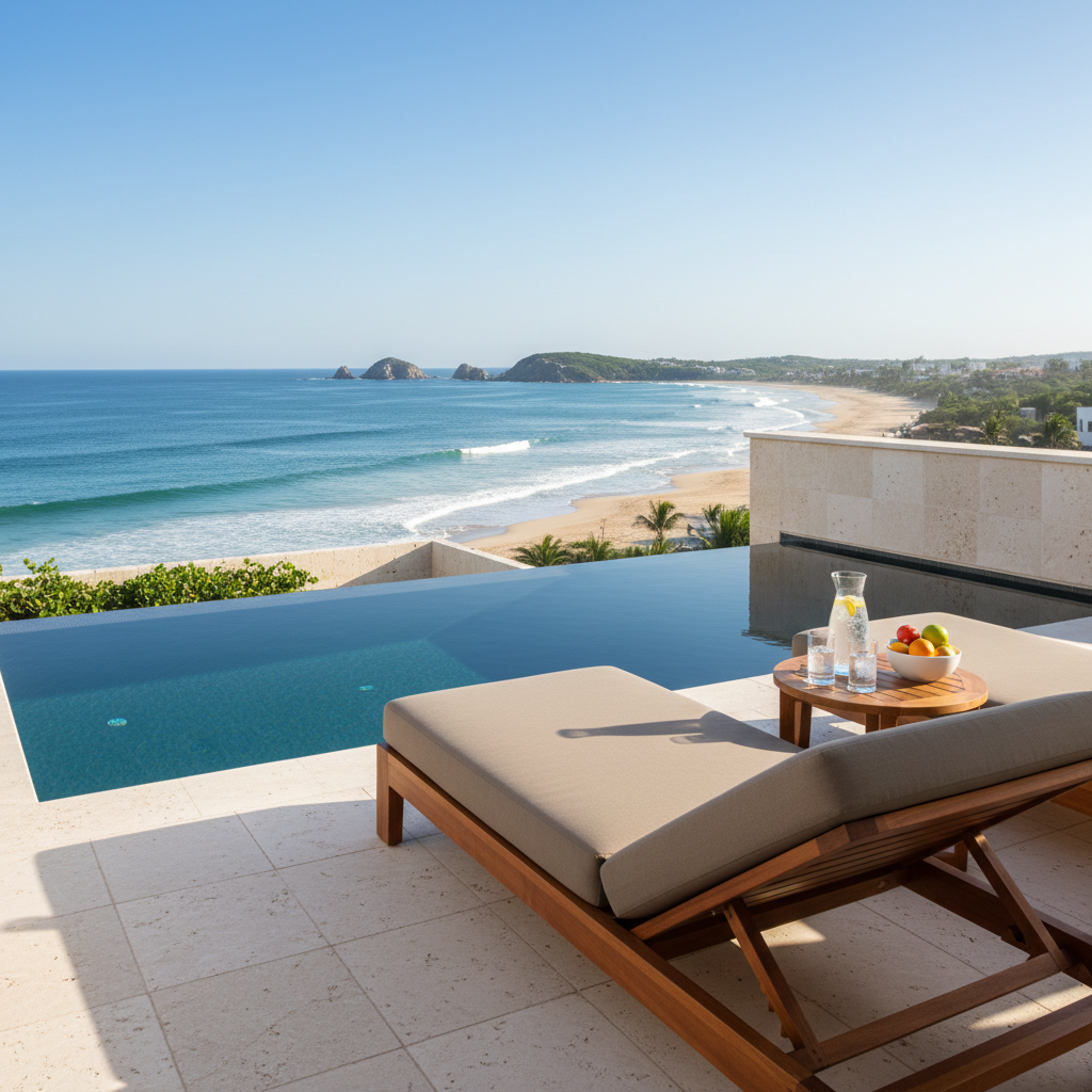 A private oceanfront terrace of a luxury vacation rental suite, featuring a sleek plunge pool with glassy still water, a pair of cushioned loungers in taupe fabric, and a small teak table set with a carafe of sparkling water and citrus. The terrace’s stone railing frames a sweeping view of a sunlit Mexican coastline, with gentle waves and distant rocky headlands. Mid-morning natural light creates clear, bright reflections on the pool surface and soft shadows under the furniture. Captured from a low, angled viewpoint in photographic realism with shallow depth of field, the foreground details feel tangible and indulgent while the coastline remains slightly softened, evoking privacy, relaxation, and understated luxury.